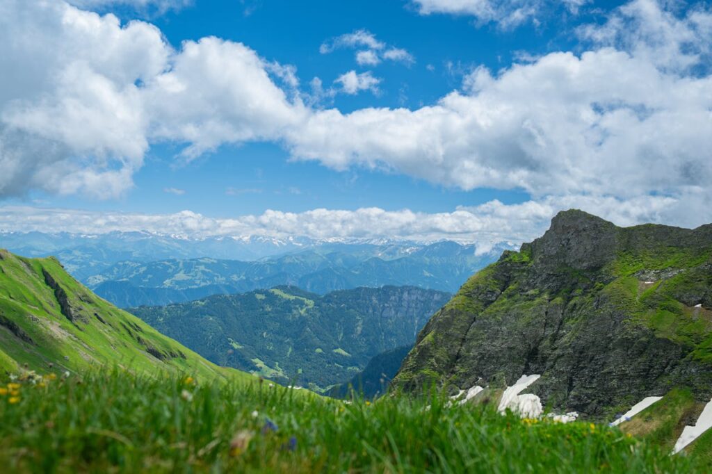 Breathtaking landscape view of lush Swiss Alps with vibrant greenery under a bright blue sky.